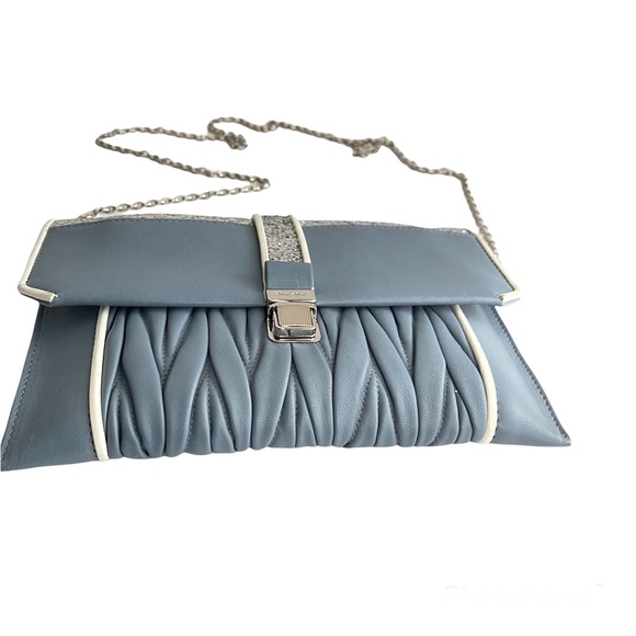 Miu Miu Light Blue & Silver Leather Crossbody Bag Matelasse Clutch Madras Chain - Picture 3 of 8
